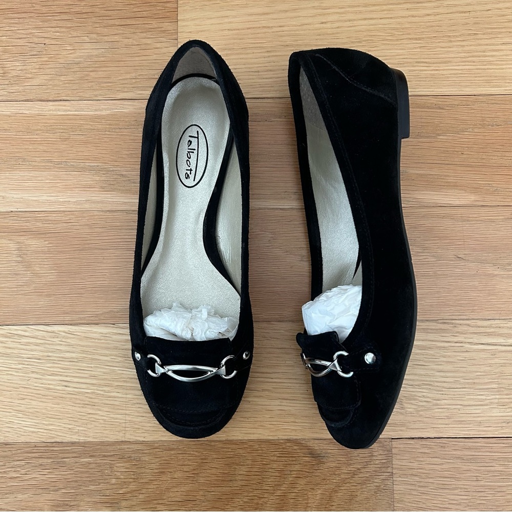 NWT Black Suede Leather Flats with Silver Buckle